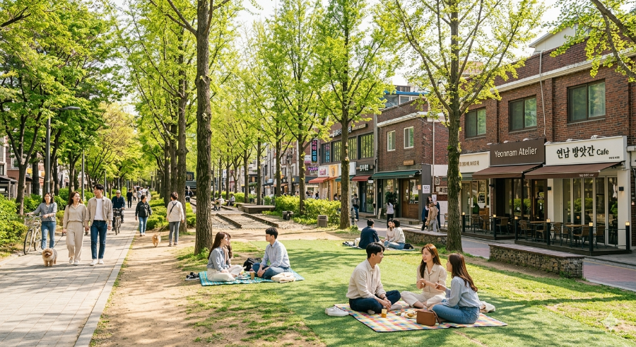 공원과 상권이 만나는 곳에서